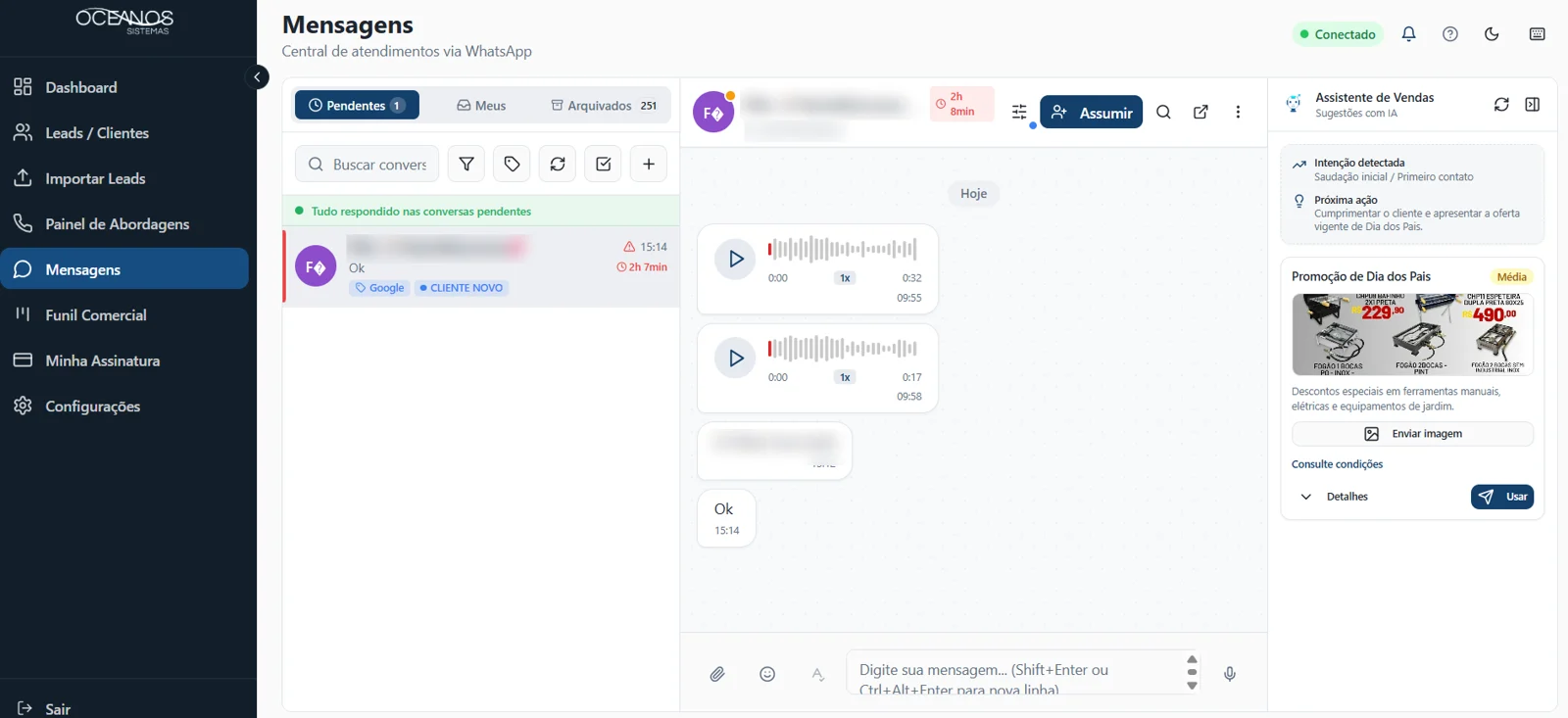 Central de mensagens do Oceanos CRM com WhatsApp integrado, fila de atendimento e assistente de vendas